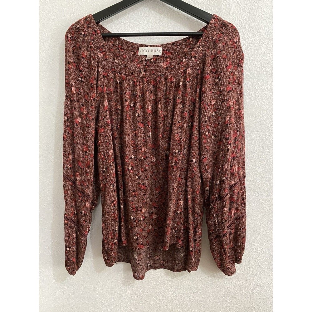Knox Rose Women’s Burgundy Peasant Long Sleeve Boho Blouse L G48